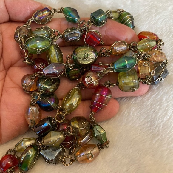 Wire Wrapped Multi Colored Glass Beads‎ Necklace - Picture 1 of 11
